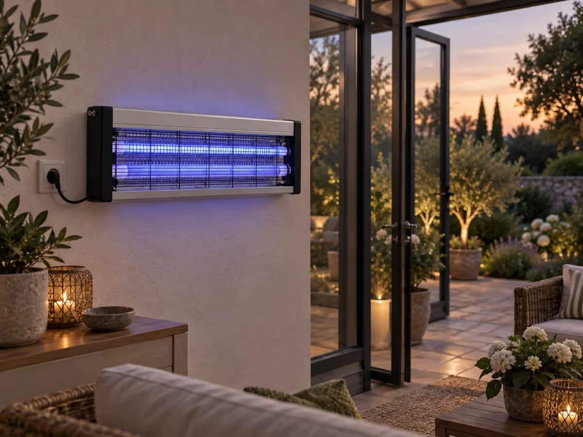 Lampe anti moustique UV posée contre le mur d'une véranda ouverte sur un jardin en fin de journée, façade grillagée dégagée, lumière bleutée sur le mur