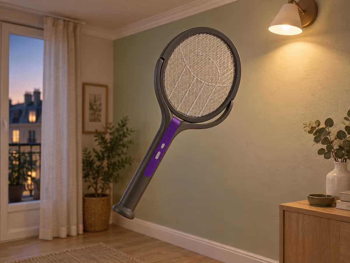 Raquette électrique orientée vers un mur pastel, tête pivotée vers le plafond près d'un luminaire allumé