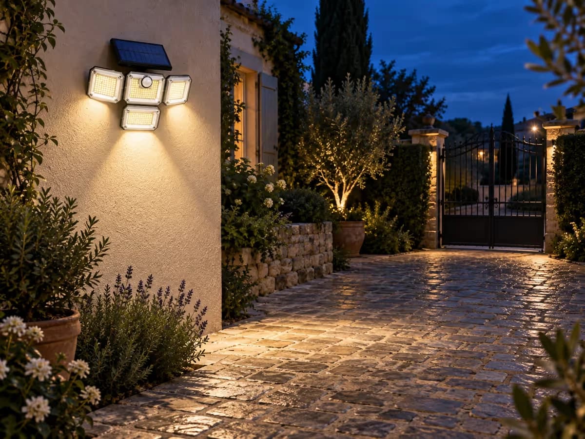 Cour pavée au crépuscule, luminaire solaire à quatre têtes fixé haut sur un mur, têtes écartées en éventail vers le portail et le fond de la cour