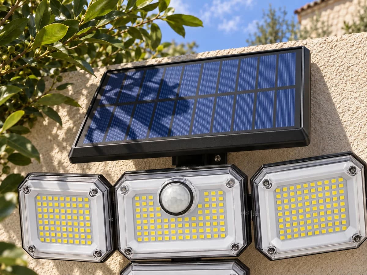 Panneau solaire intégré au sommet d'un luminaire noir, feuillage d'un arbuste qui mord sur un angle du panneau en fin de matinée