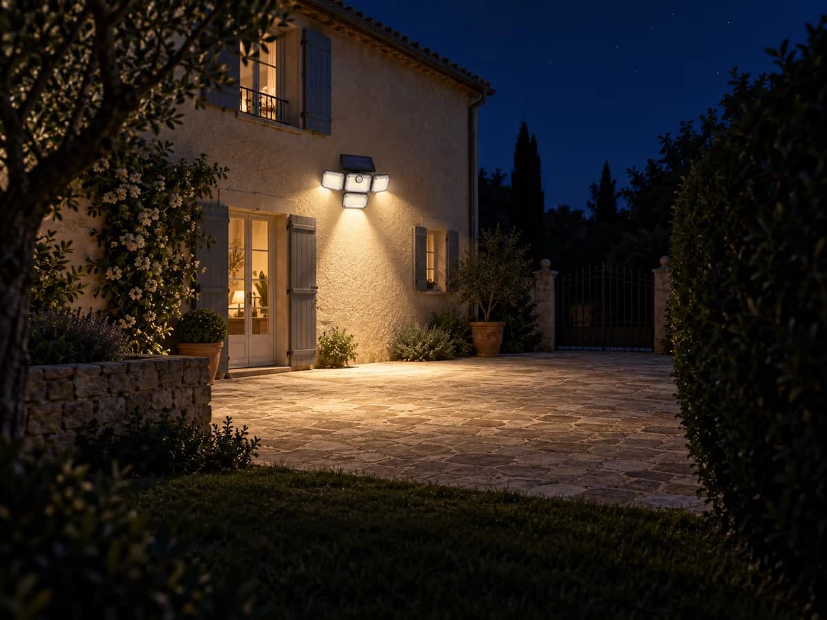 Vue nocturne d'une cour depuis le fond du jardin, faisceaux de deux têtes latérales contenus à l'intérieur de la parcelle, haie sombre en bordure