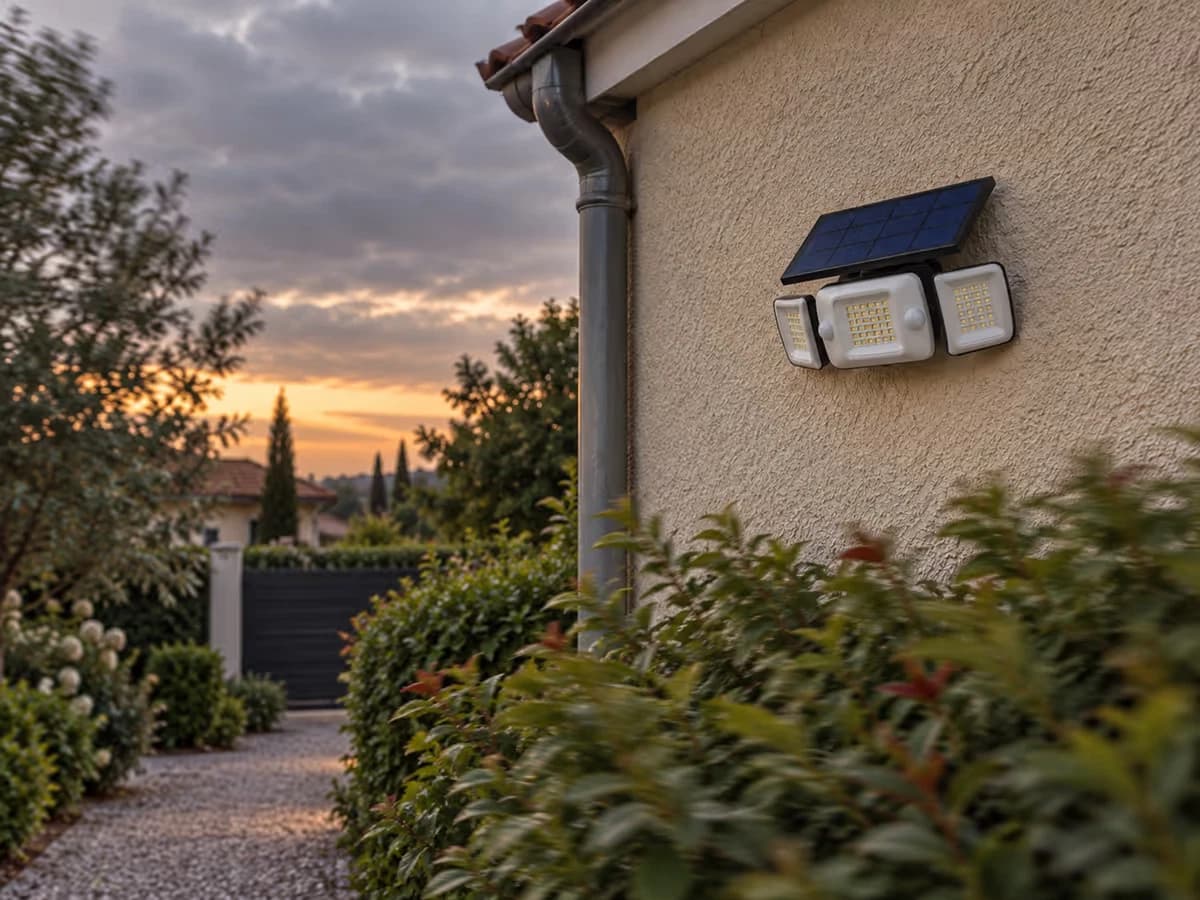 Lampe solaire murale au-dessus d'une haie d'arbustes oscillant au vent à la tombée du jour, allée vide en contrebas
