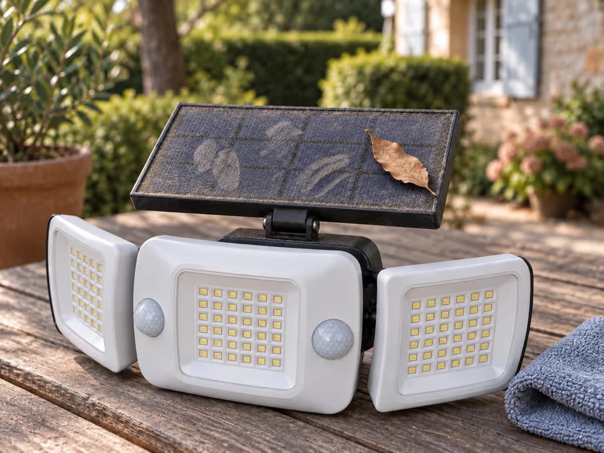 Petit panneau solaire de lampe murale couvert d'un voile de poussière et d'une feuille morte, chiffon doux posé à côté sur la table