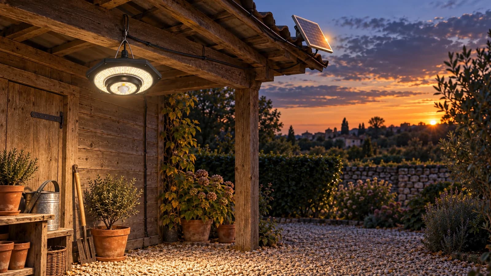 Lampe solaire suspendue allumée sous la panne d'un appentis ouvert au crépuscule, panneau solaire posé plus loin sur la toiture