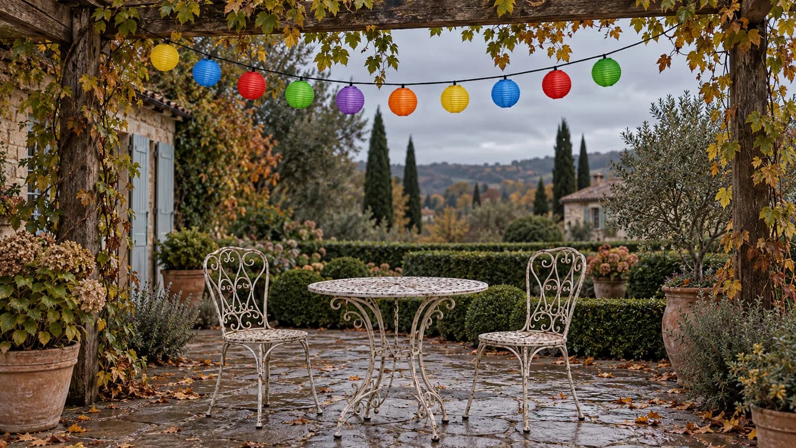 Guirlande de lanternes colorées suspendue sous une pergola par une journée nuageuse