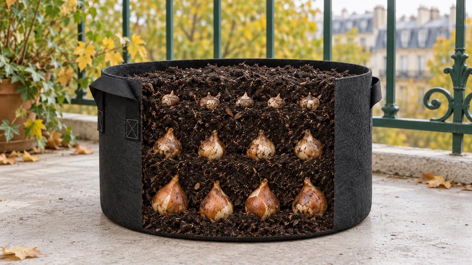 Pot large en textile non tissé rempli de trois épaisseurs de bulbes superposées, pointe vers le haut, sur un balcon français en automne