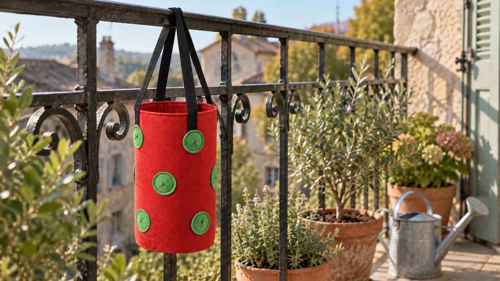 Sac de culture suspendu en feutre rouge accroché à un garde-corps de balcon, paroi de poches vidée de ses plants à la fin de l'été