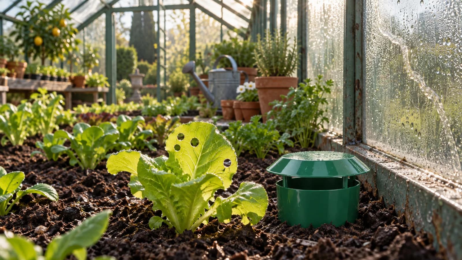 Intérieur de serre de jardin au matin, jeunes plants en planches et traînée de bave brillante sur la paroi vitrée