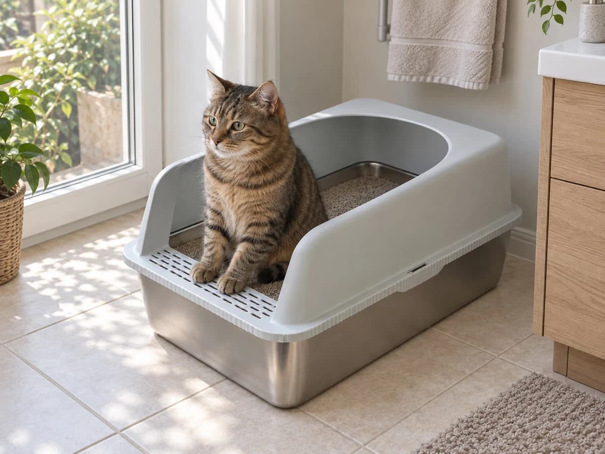 Chat tigré assis dans un bac de propreté en inox à rebord gris clair, dans une salle de bain française lumineuse