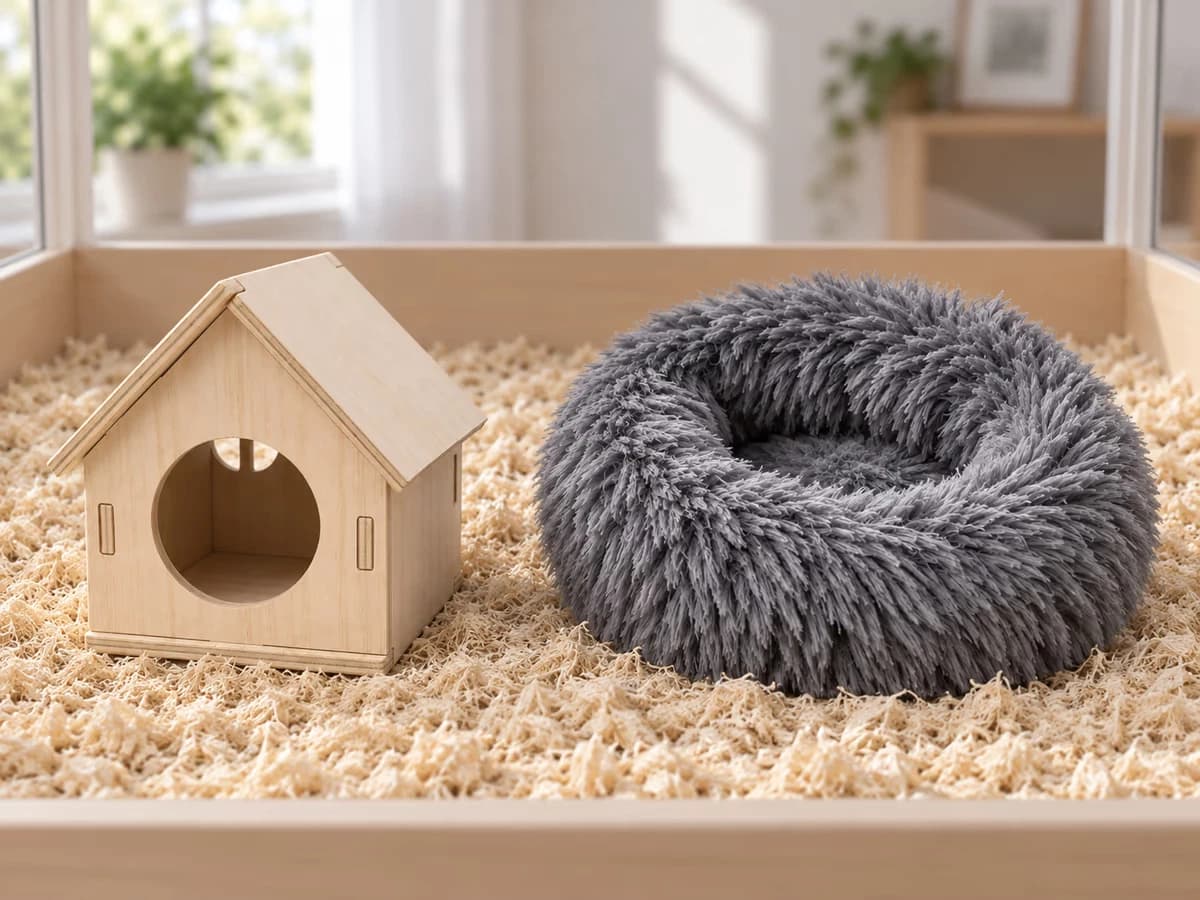 Une maison en bois à toit à deux pans et un nid en tissu gris posés côte à côte sur une litière de chanvre