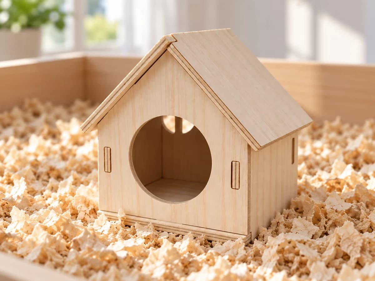 Une maison en bois à toit à deux pans posée sur une litière épaisse, entrée ronde éclairée de biais