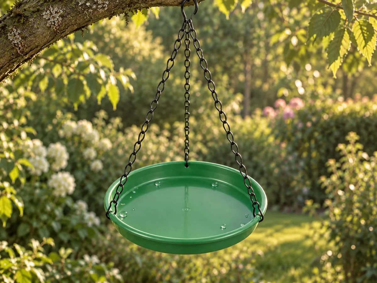 Plateau vert suspendu vide, fond nu rincé et essuyé, perles d'eau encore au rebord, lumière de fin d'après-midi