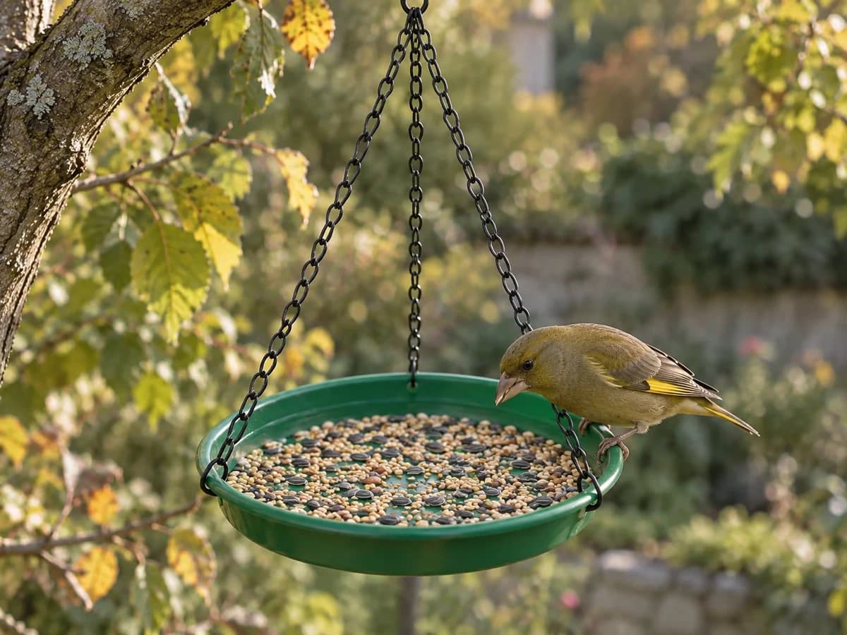 Verdier vert olive posé au rebord du plateau suspendu, graines sèches étalées en couche fine, branchage d'automne flou en arrière-plan