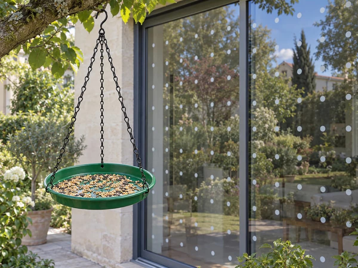 Plateau suspendu vert devant une baie vitrée ornée de petites pastilles anti-collision, reflet du jardin dans le verre