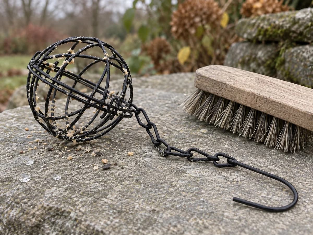 Brosse à poils durs et sphère en fil métallique noir posées sur une dalle de pierre, résidus de graisse sèche sur la maille