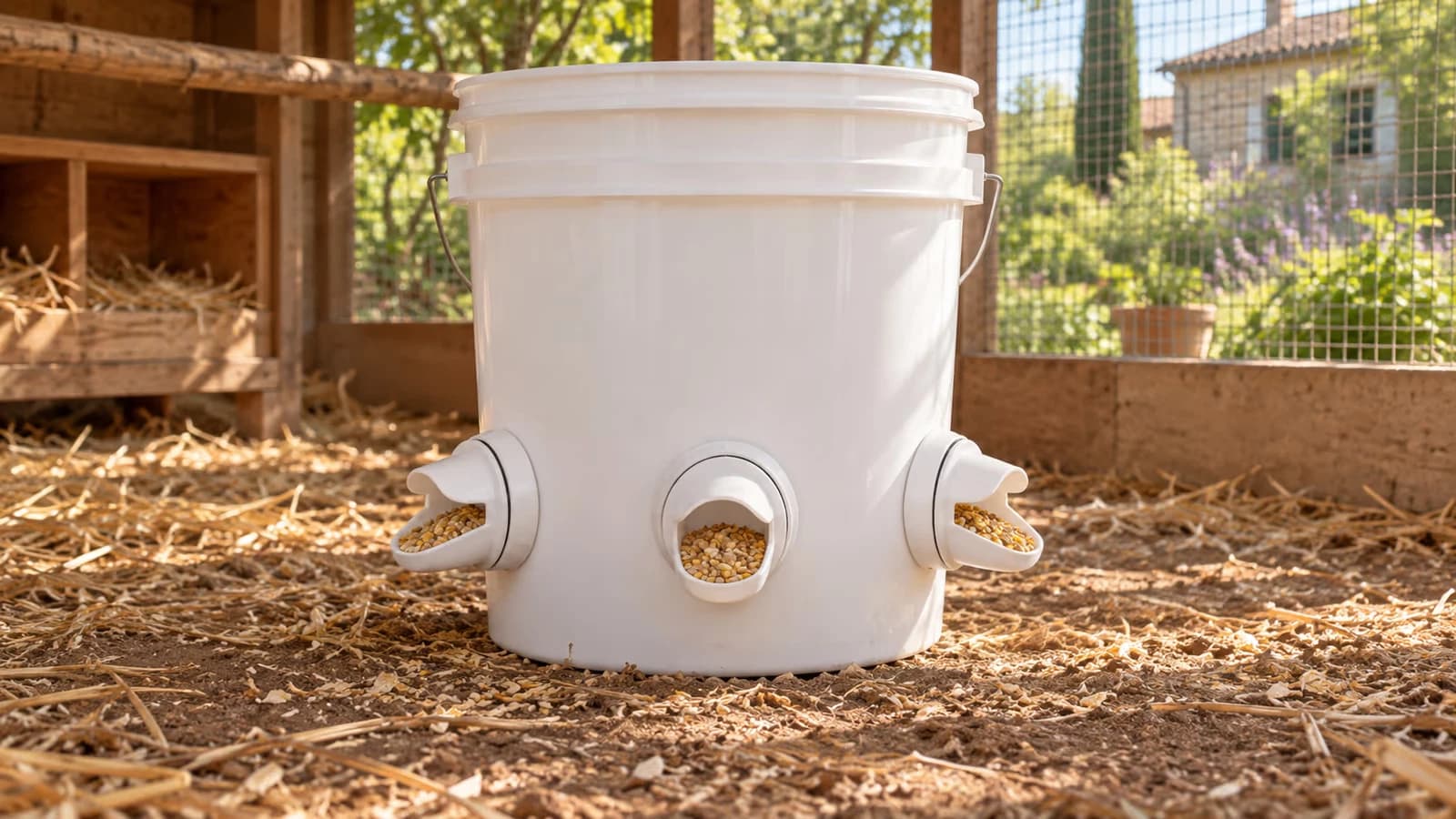 Trois ports d'alimentation blancs montés à la même hauteur sur un baril plastique dans un poulailler, grain visible dans les auges