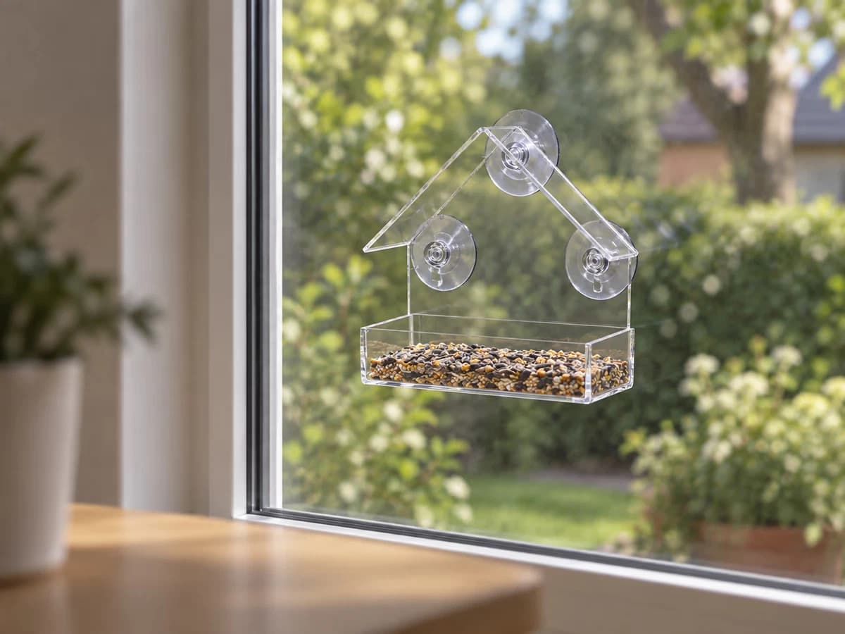 Mangeoire transparente collée à un carreau, fond de graines de tournesol étalé sur le plateau, vue depuis l'intérieur d'une pièce