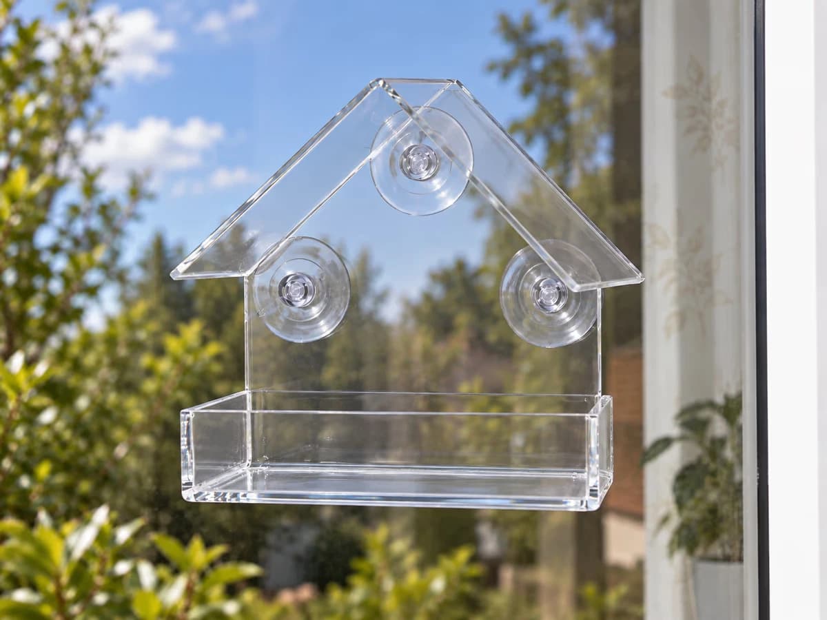 Trois ventouses transparentes disposées en triangle sur un carreau propre, bac vide et horizontal, reflet du ciel dans le verre