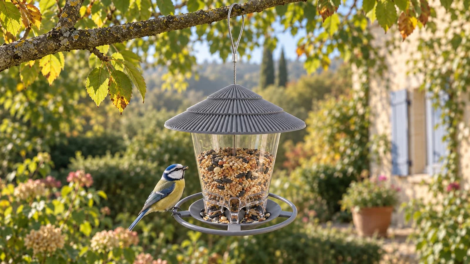 Mangeoire à suspendre à toit conique anthracite accrochée à une branche dégagée, mésange bleue posée sur un bras du plateau rond