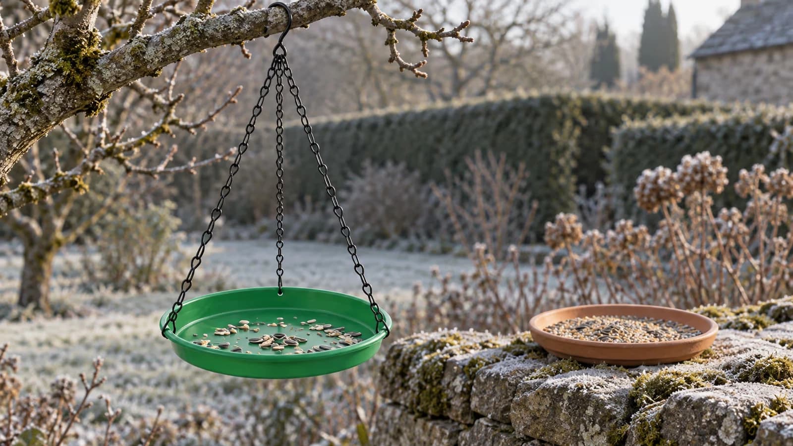 Plateau vert suspendu à une branche de pommier, soucoupe en terre cuite posée sur un muret voisin, matin d'hiver
