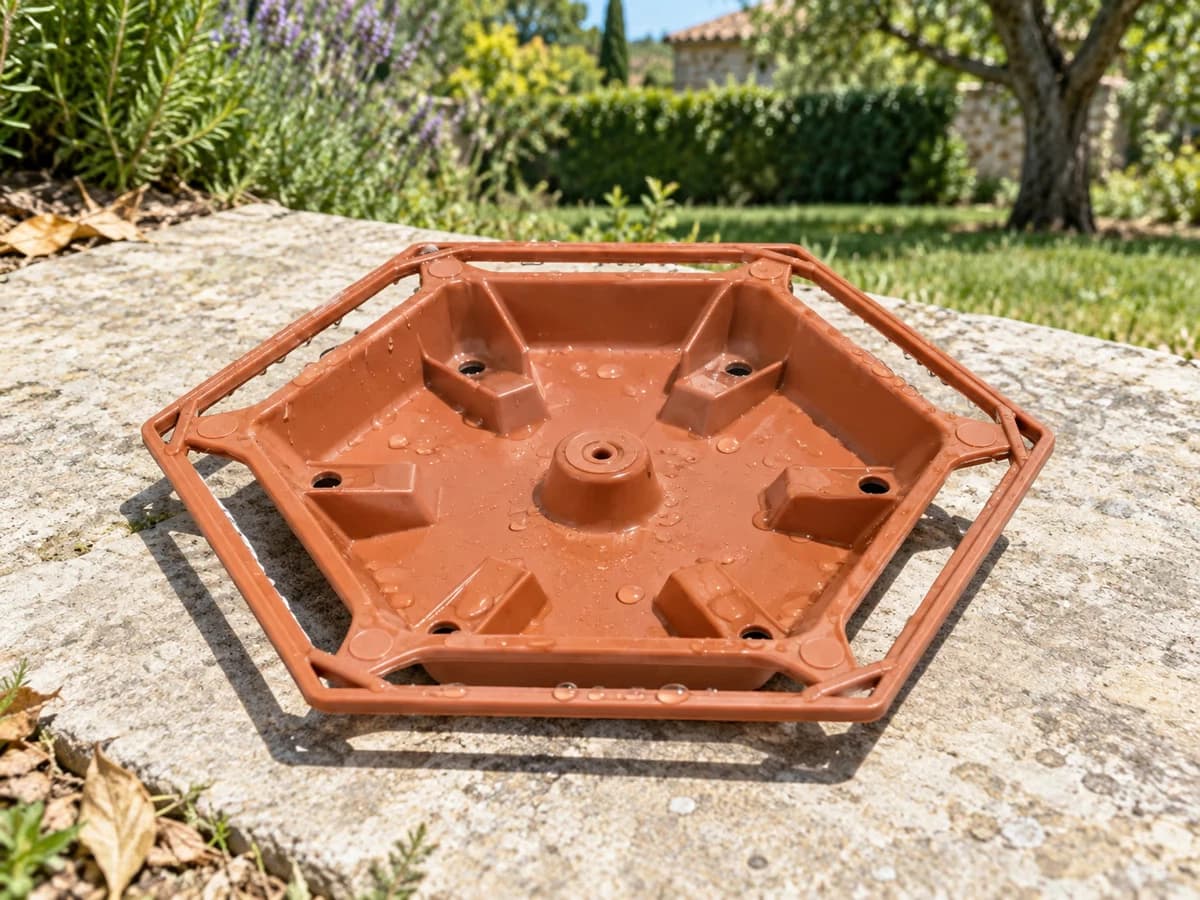 Plateau hexagonal de mangeoire vide et rincé posé à sécher sur une dalle au soleil, six trous de drainage visibles