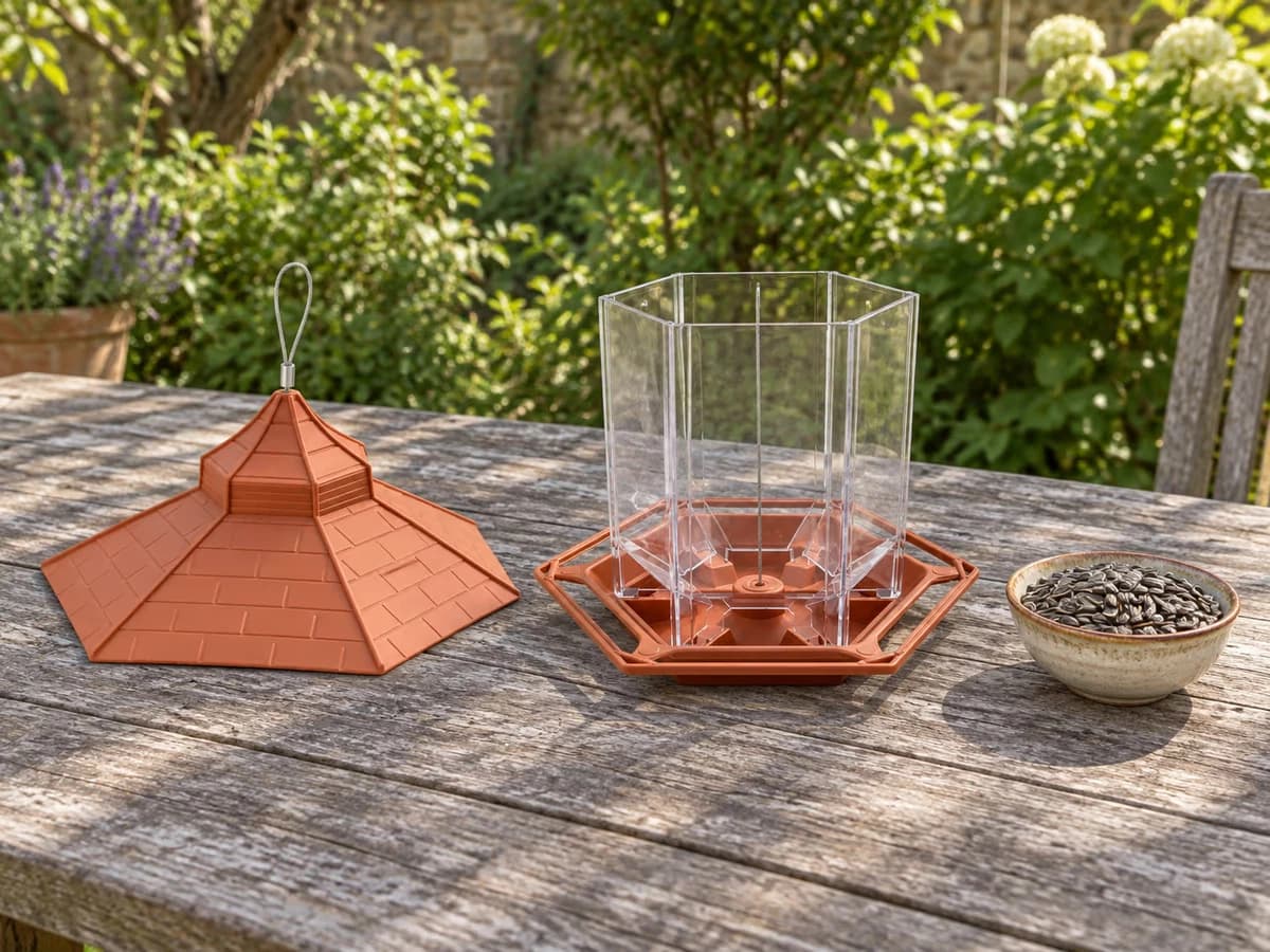 Toit terracotta posé à plat sur une table de jardin, silo hexagonal ouvert à côté, graines de tournesol dans un bol