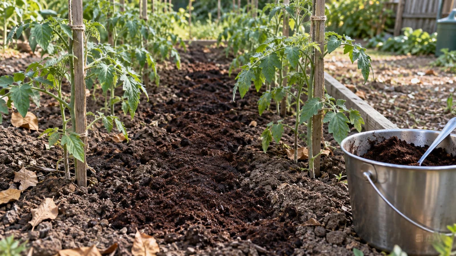 Marc de café usagé étalé en couche fine sur la terre d'une planche de potager, à côté d'un seau de cuisine