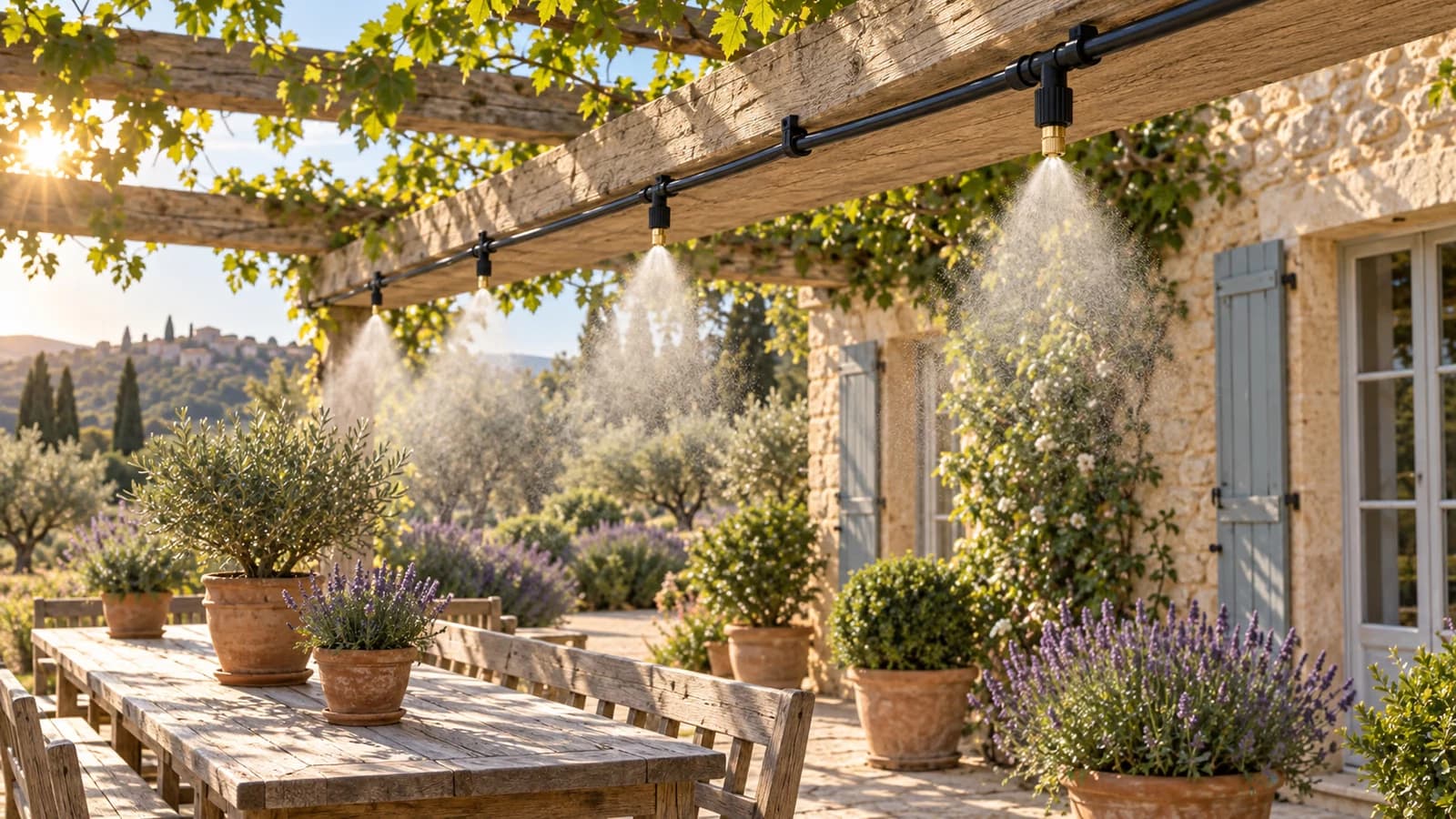 Fine brume flottant sous une pergola en bois au-dessus d'une table de terrasse, en fin d'après-midi d'été