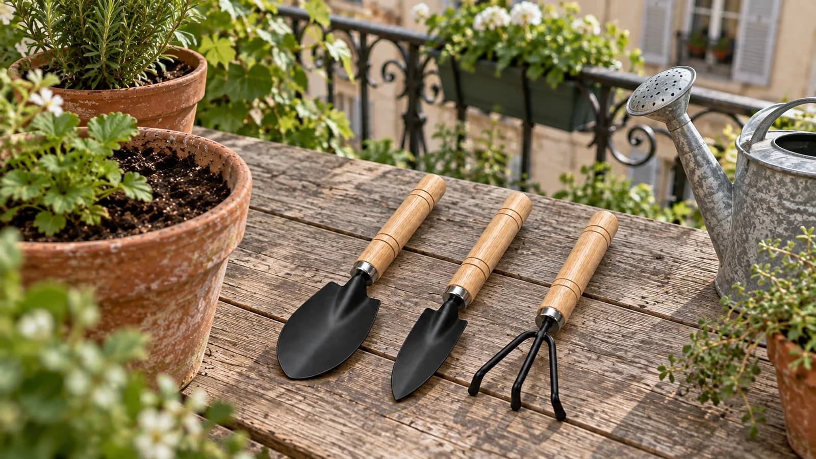 Trois outils à main à manches de bois clair alignés sur une table de balcon, devant un pot de terre cuite et un arrosoir