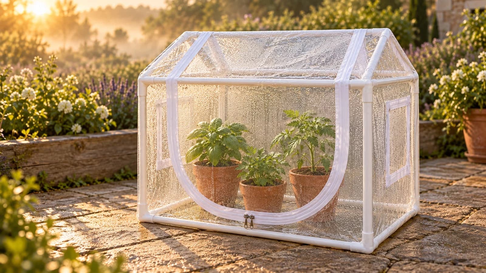Mini serre transparente au lever du jour, parois couvertes de fines gouttelettes au-dessus de quelques pots