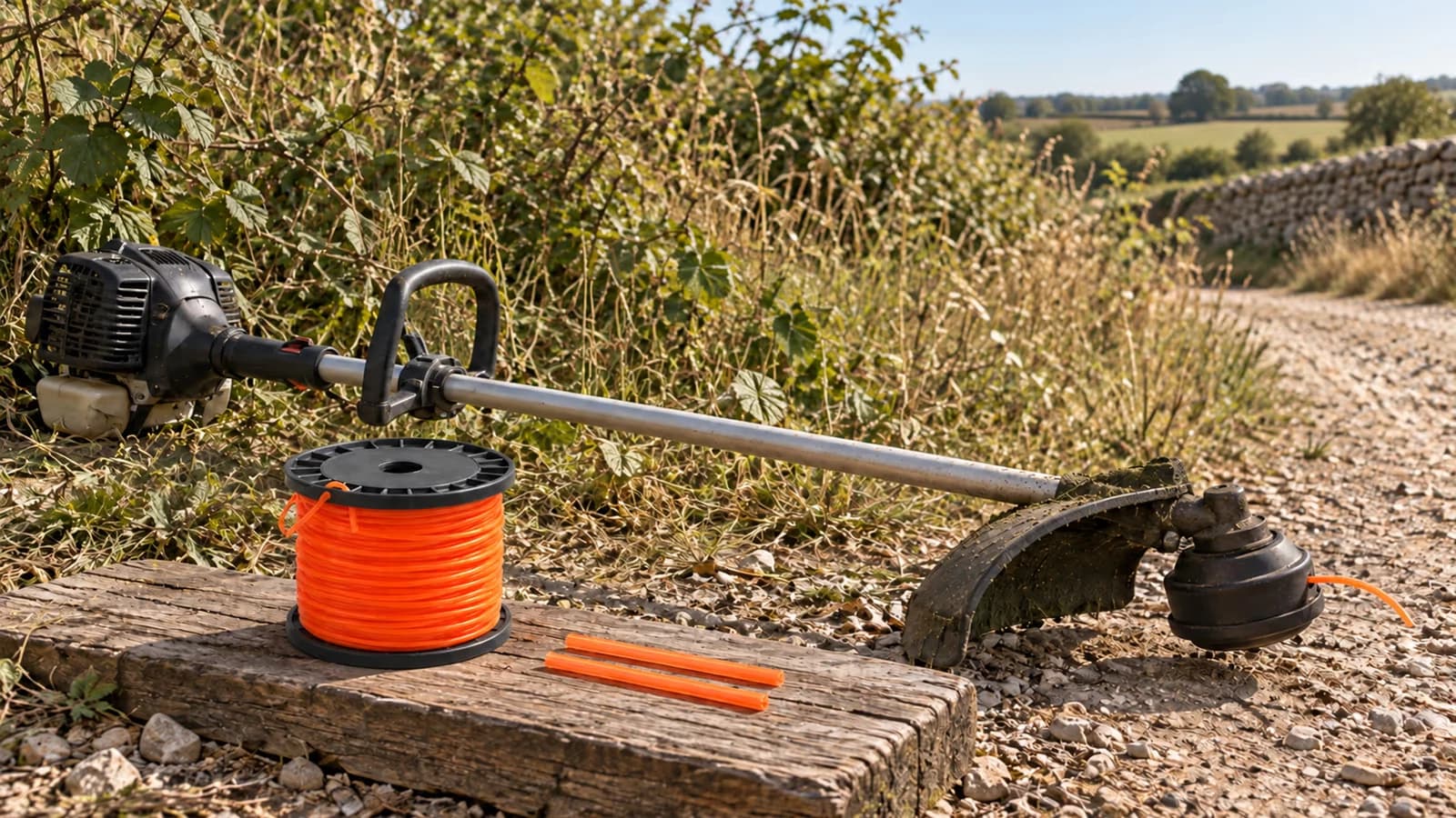 Débroussailleuse posée sur un chemin de terre au bord d'une friche, bobine de fil de coupe orange à section étoile et deux brins recoupés sur une planche à côté