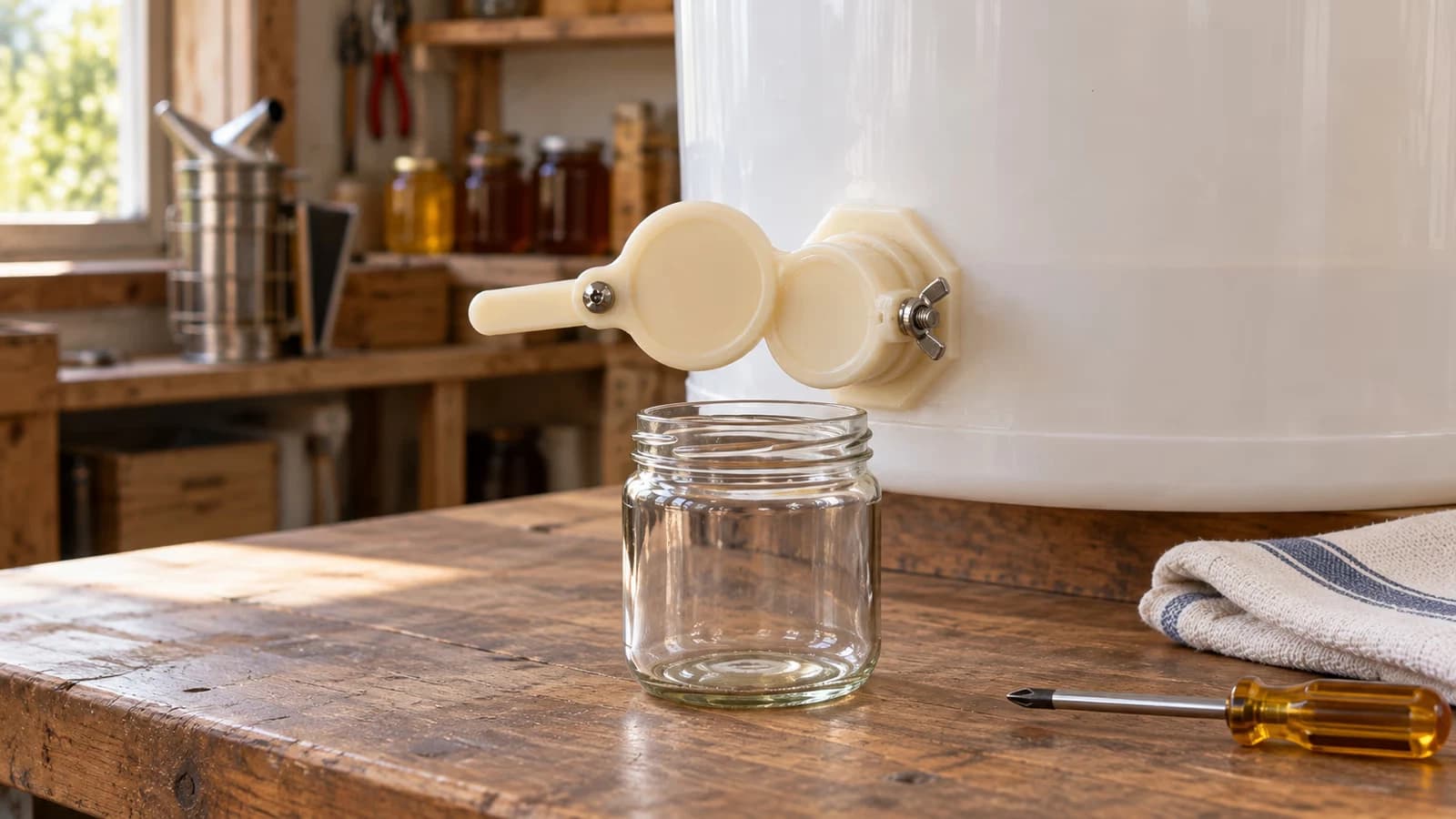 Seau de récolte posé sur un plan de travail à hauteur de table, robinet blanc à levier vissé près de la base, pot en verre vide aligné sous le bec verseur