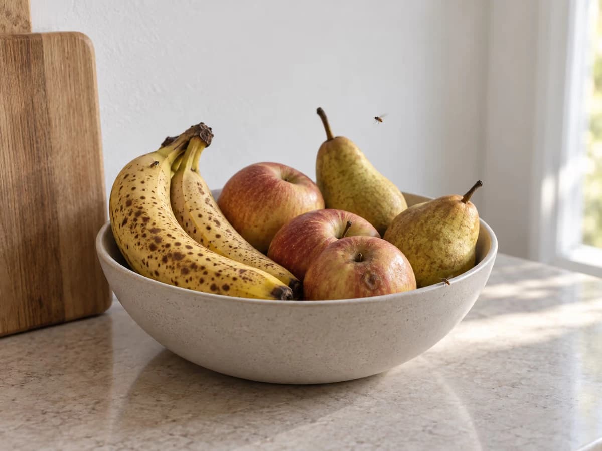 Corbeille de fruits mûrs sur un plan de travail de cuisine, bananes tachées et pommes côte à côte