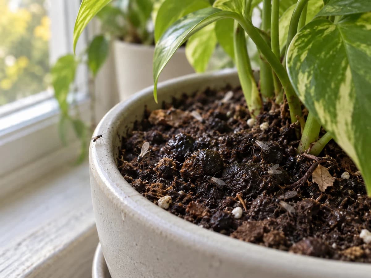 Surface d'un terreau humide dans un pot de plante verte, petits moucherons sombres posés sur le substrat