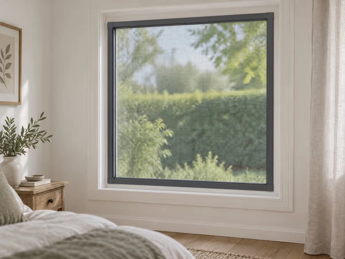 Cadre de moustiquaire à tulle maillé plaqué sur le bâti d'une fenêtre de chambre, bords alignés sur la menuiserie
