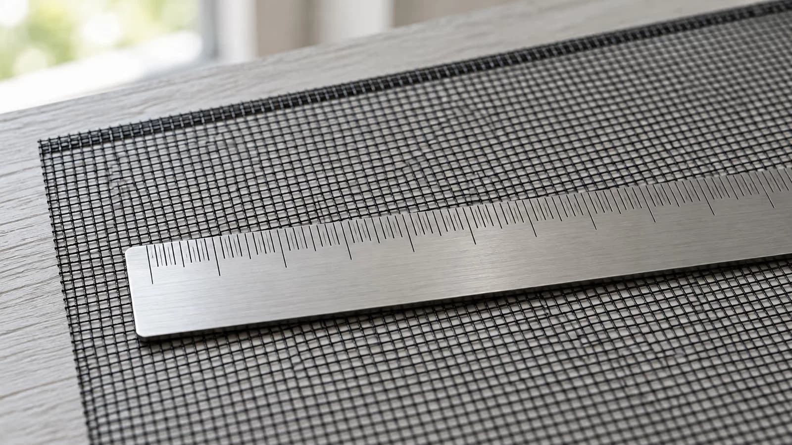 Règle graduée posée à plat sur la maille noire d'un rideau moustiquaire, ouvertures comptées au centre de la toile