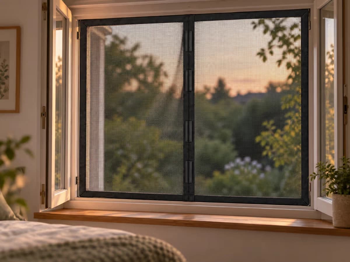 Fenêtre de chambre ouverte en soirée derrière un rideau moustiquaire noir, la toile légèrement soulevée par le courant d'air