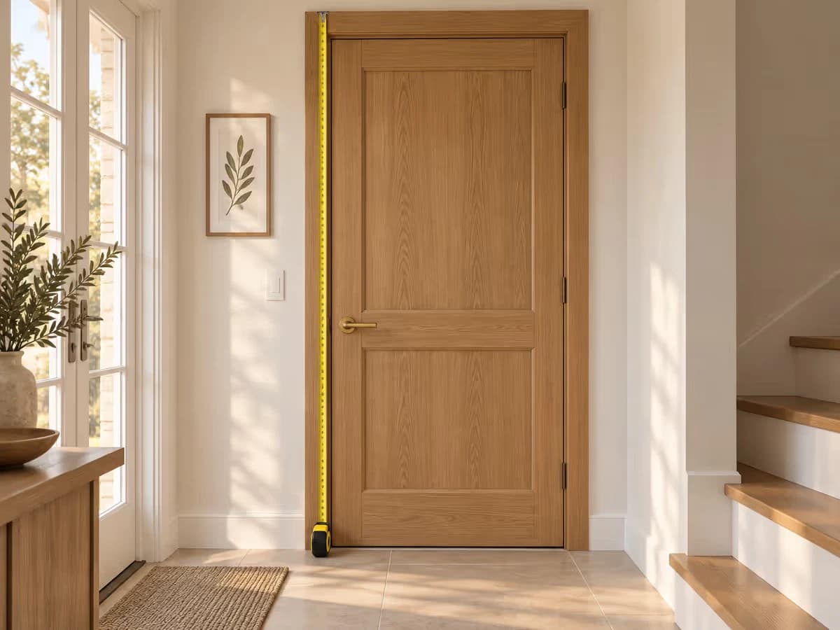 Mètre ruban déroulé le long du montant d'une porte en bois, porte fermée, lumière de fin d'après-midi