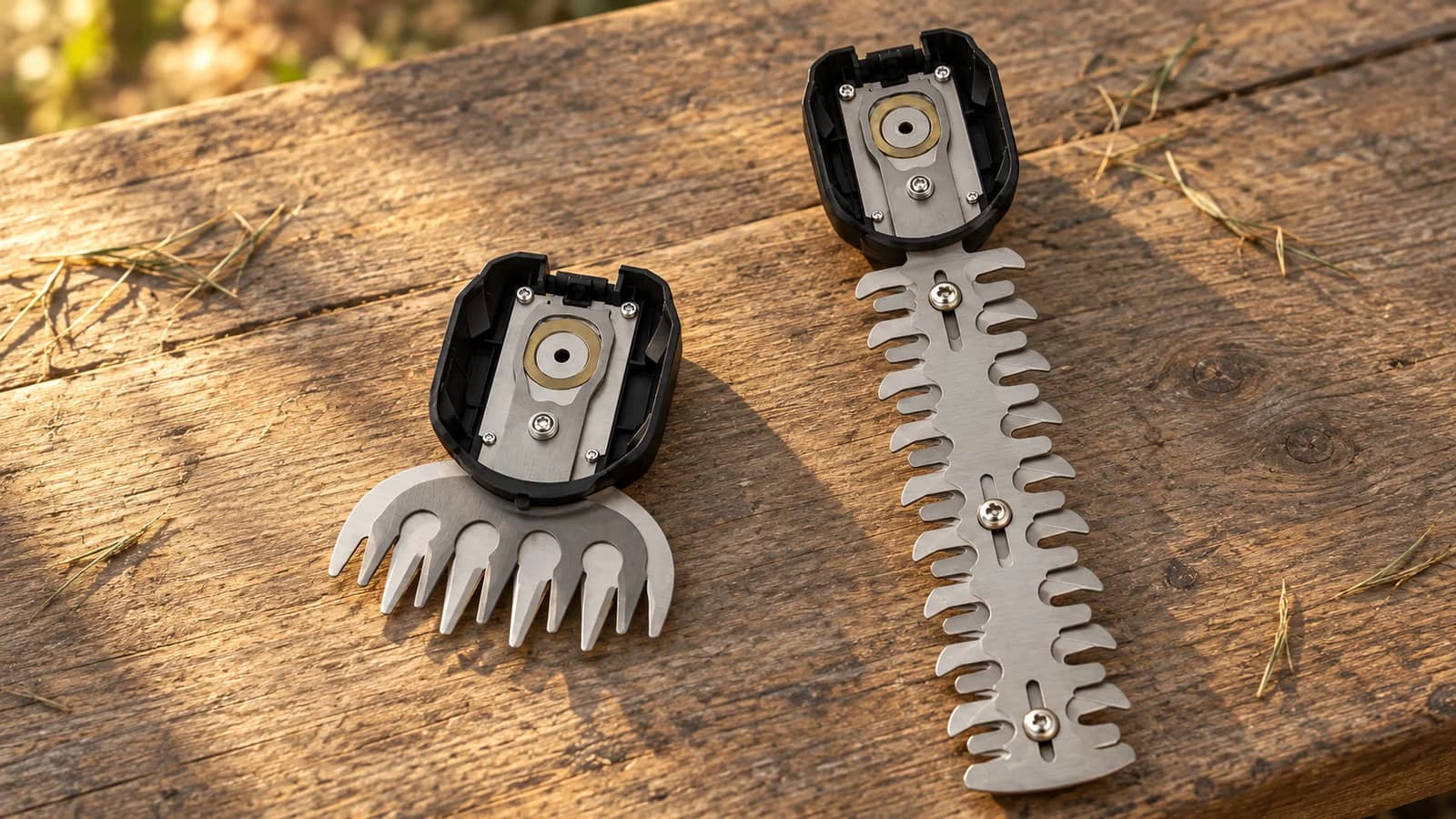 Les deux têtes de coupe d'une cisaille sans fil posées côte à côte sur un établi en bois, dents brossées, lumière d'automne