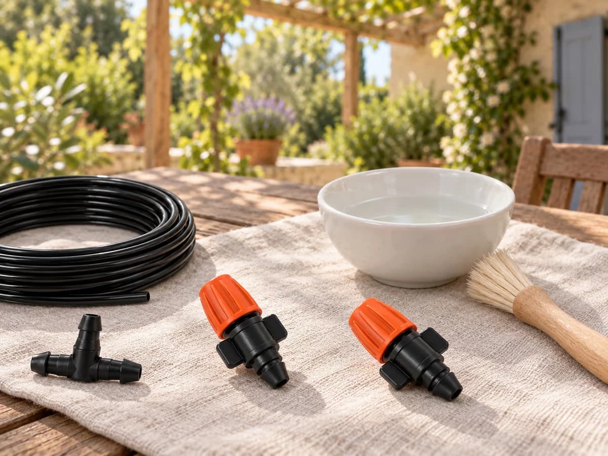 Buse orange dévissée posée sur un torchon, à côté d'un bol de vinaigre blanc et d'une petite brosse douce, terrasse en arrière-plan