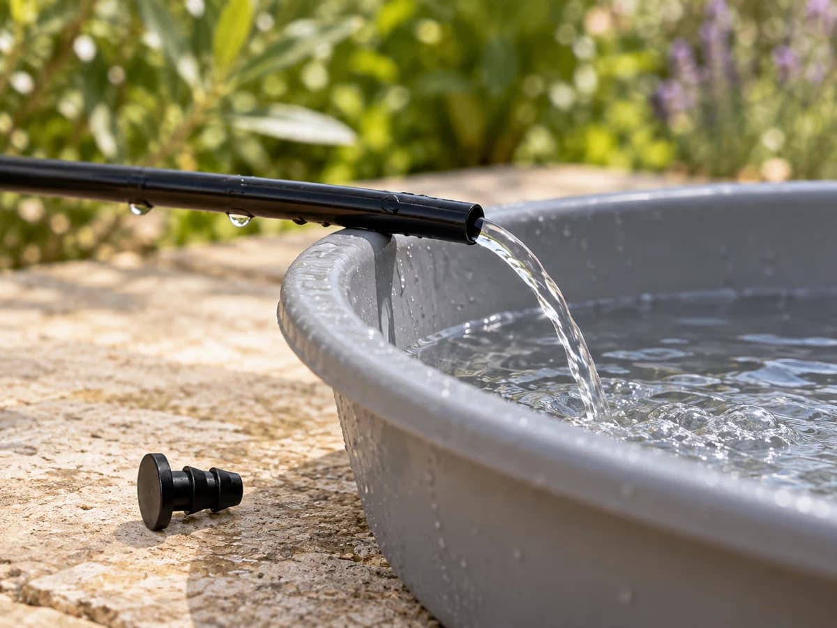 Extrémité d'un tuyau d'arrosage fin posée dans une bassine, filet d'eau claire qui s'écoule, bouchon de fin de ligne retiré à côté