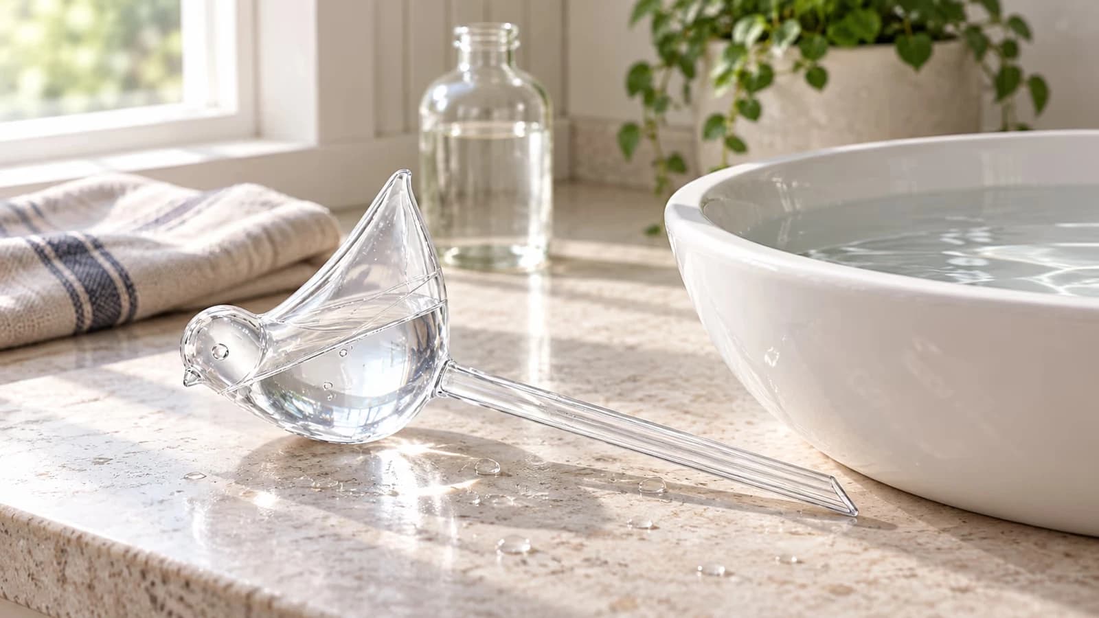 Globe d'arrosage en plastique translucide posé près d'une bassine d'eau claire, sur un plan de travail lumineux