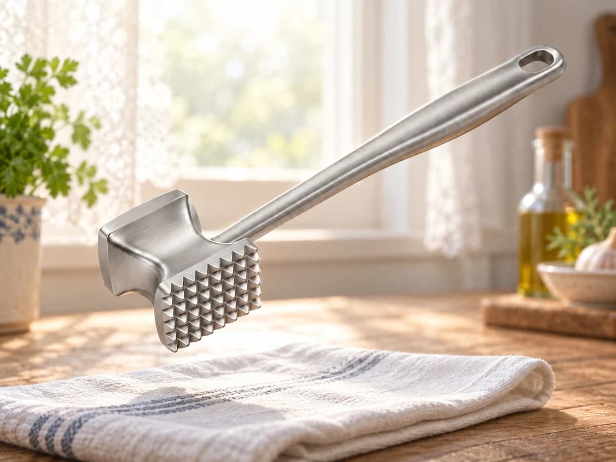 Grille de picots contrôlée à la lumière d'une fenêtre, marteau tenu au-dessus d'un torchon