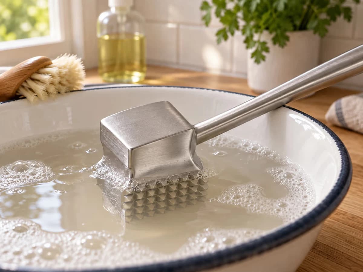 Tête de marteau à picots trempée dans un bac d'eau savonneuse, brosse posée au bord