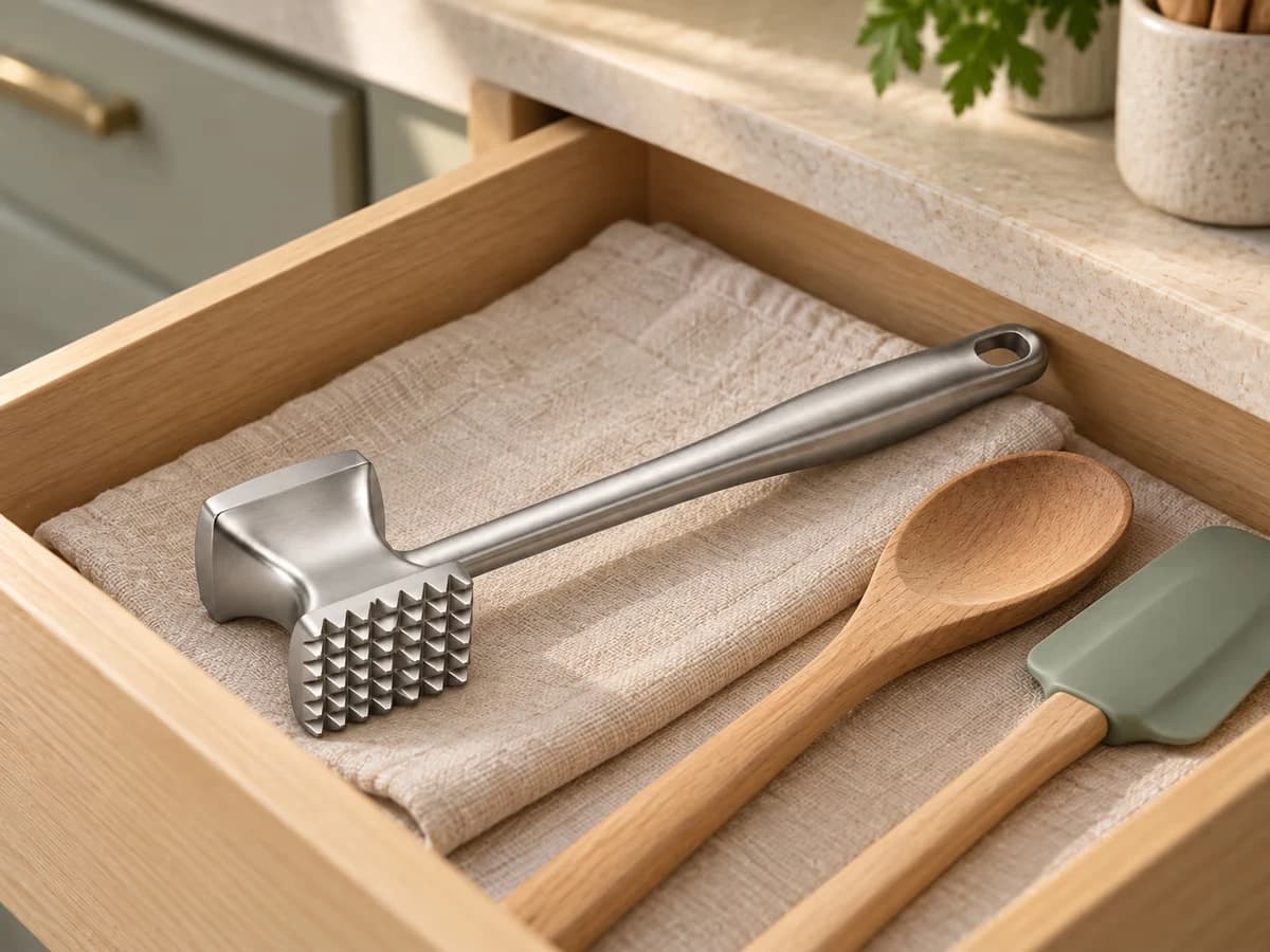 Marteau en inox rangé dans un tiroir de cuisine sur un torchon plié, à côté d'ustensiles