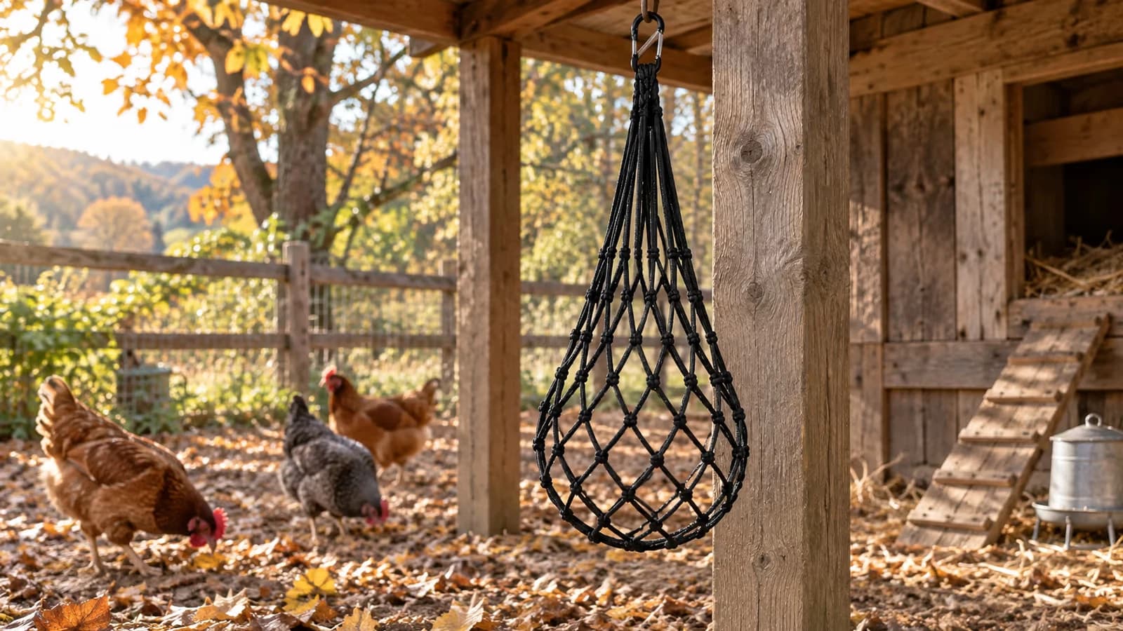 Filet noir à verdure suspendu vide sous l'appentis d'un poulailler, gouttes d'eau sur la corde, séchage à l'ombre en fin de journée d'automne