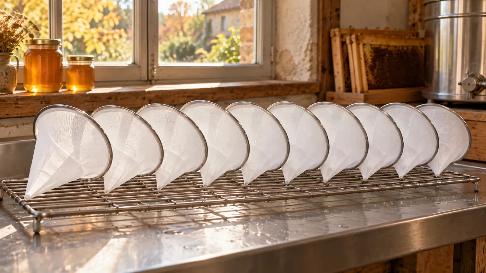 Lot de passoires à miel en maille blanche rincées, étendues à plat sur un égouttoir près d'une fenêtre de miellerie, lumière d'après-midi d'automne