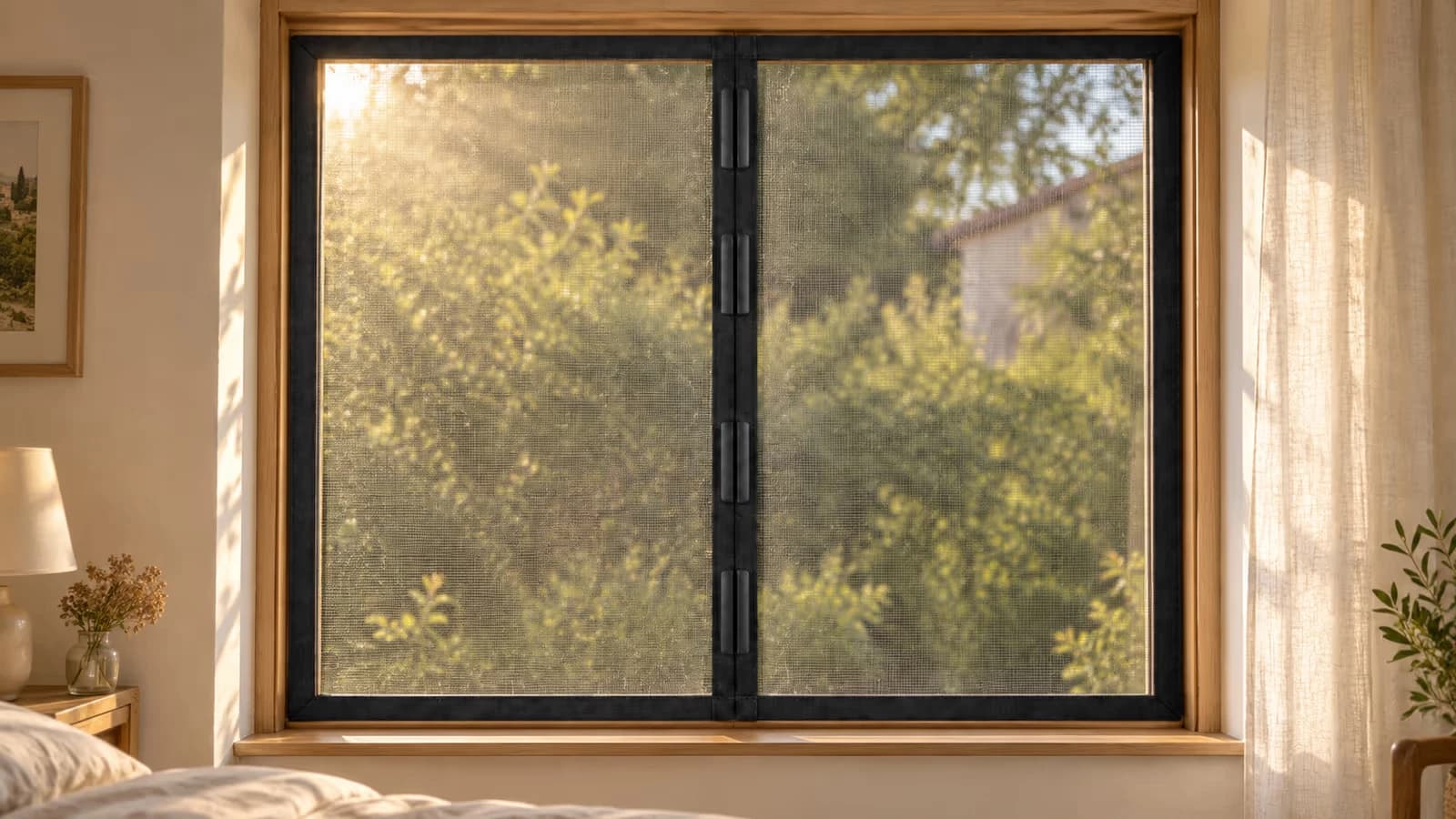 Rideau moustiquaire noir en place sur une fenêtre de chambre en fin d'été, lumière rasante révélant la poussière sur la maille