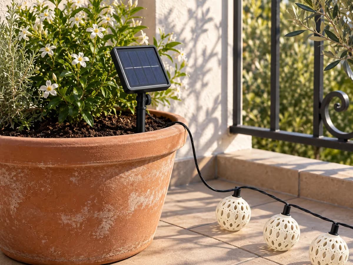 Panneau solaire orientable planté dans un grand pot de fleurs sur un balcon