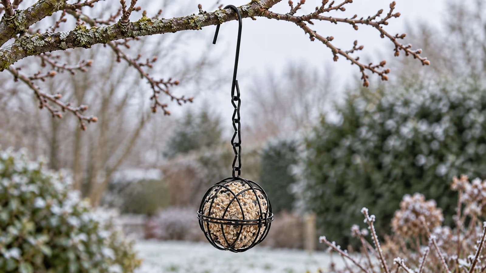 Boule de graisse sans filet enfermée dans une sphère de fil métallique noir suspendue à une branche givrée